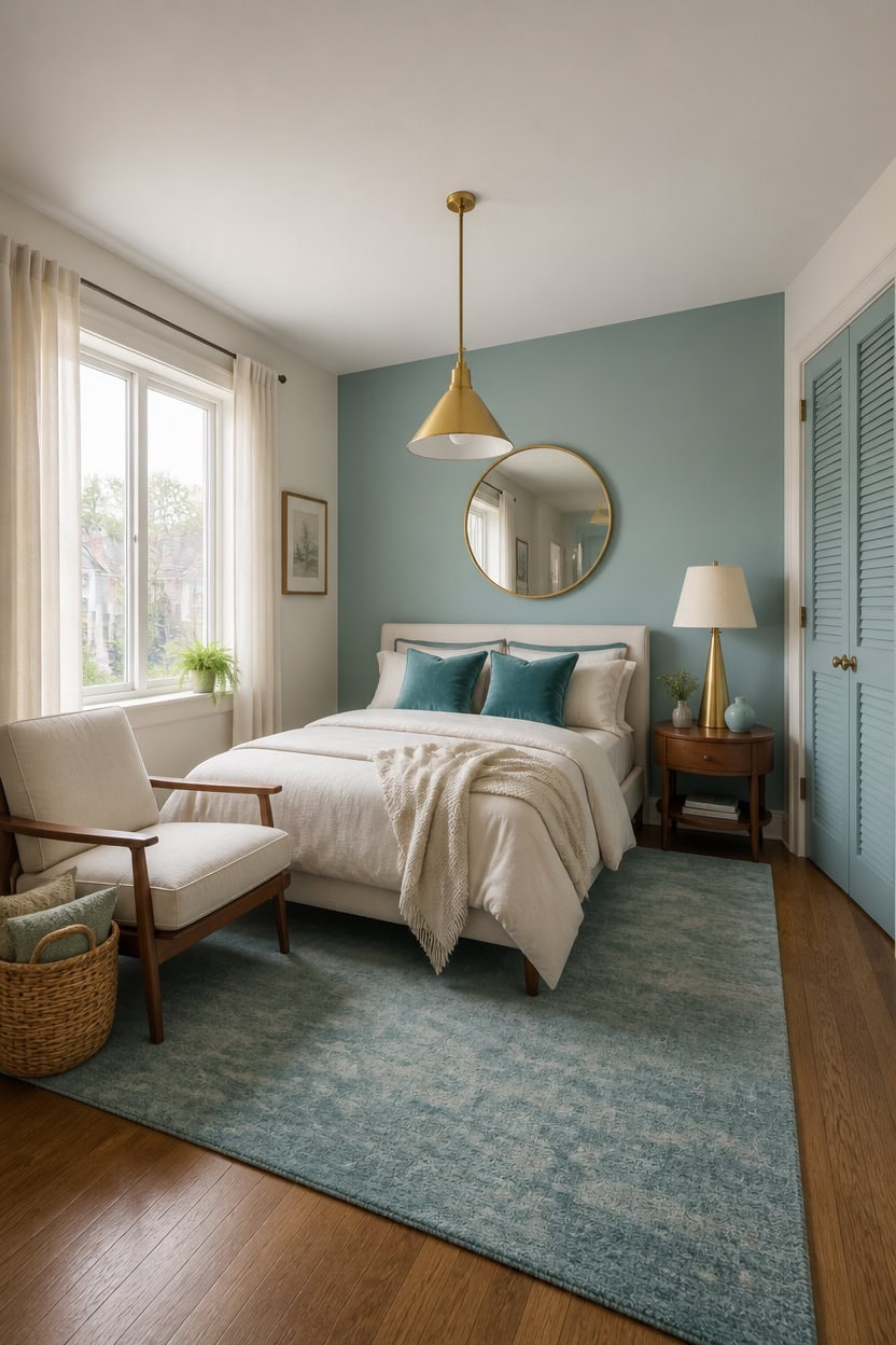 Bright bedroom with large window, blue accent wall, and stylish furniture.