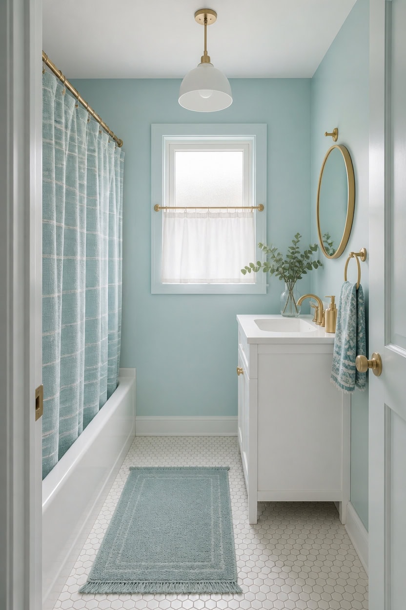 Light blue bathroom with white vanity, gold fixtures, and a shower curtain.
