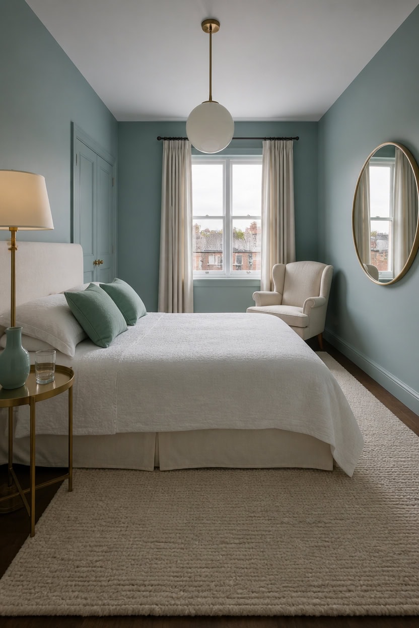 Bright bedroom with large window, white bed, and soft pastel walls.