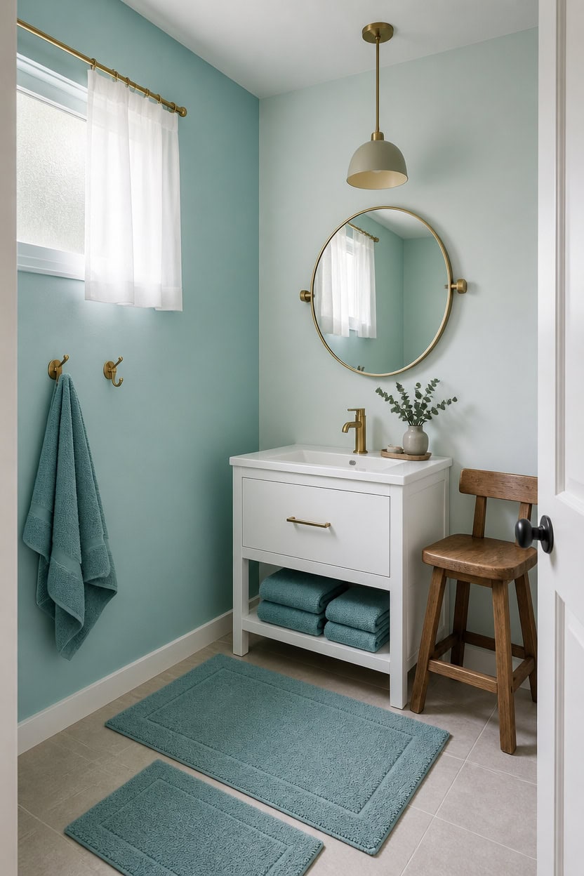 Bright bathroom with a white vanity, round mirror, and teal accents.