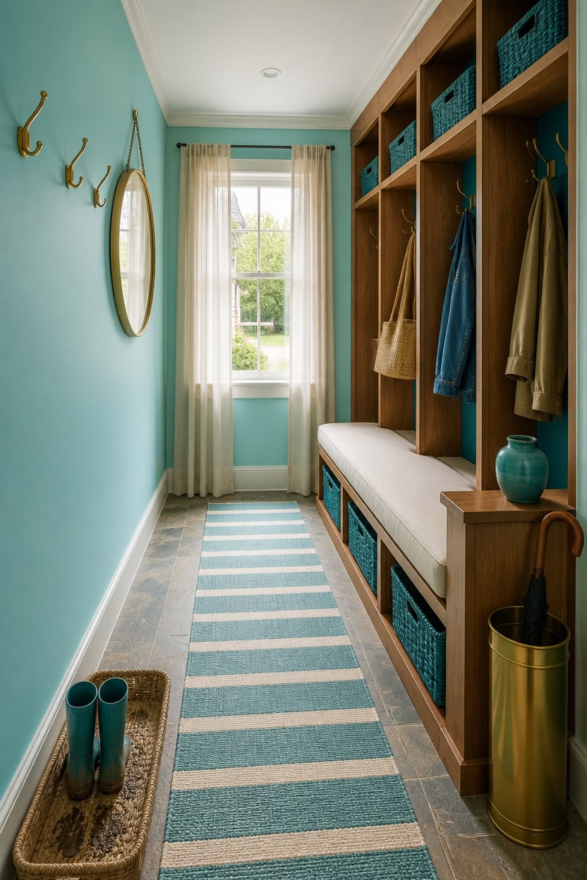 Bright mudroom with wooden storage, hooks, and a striped rug.
