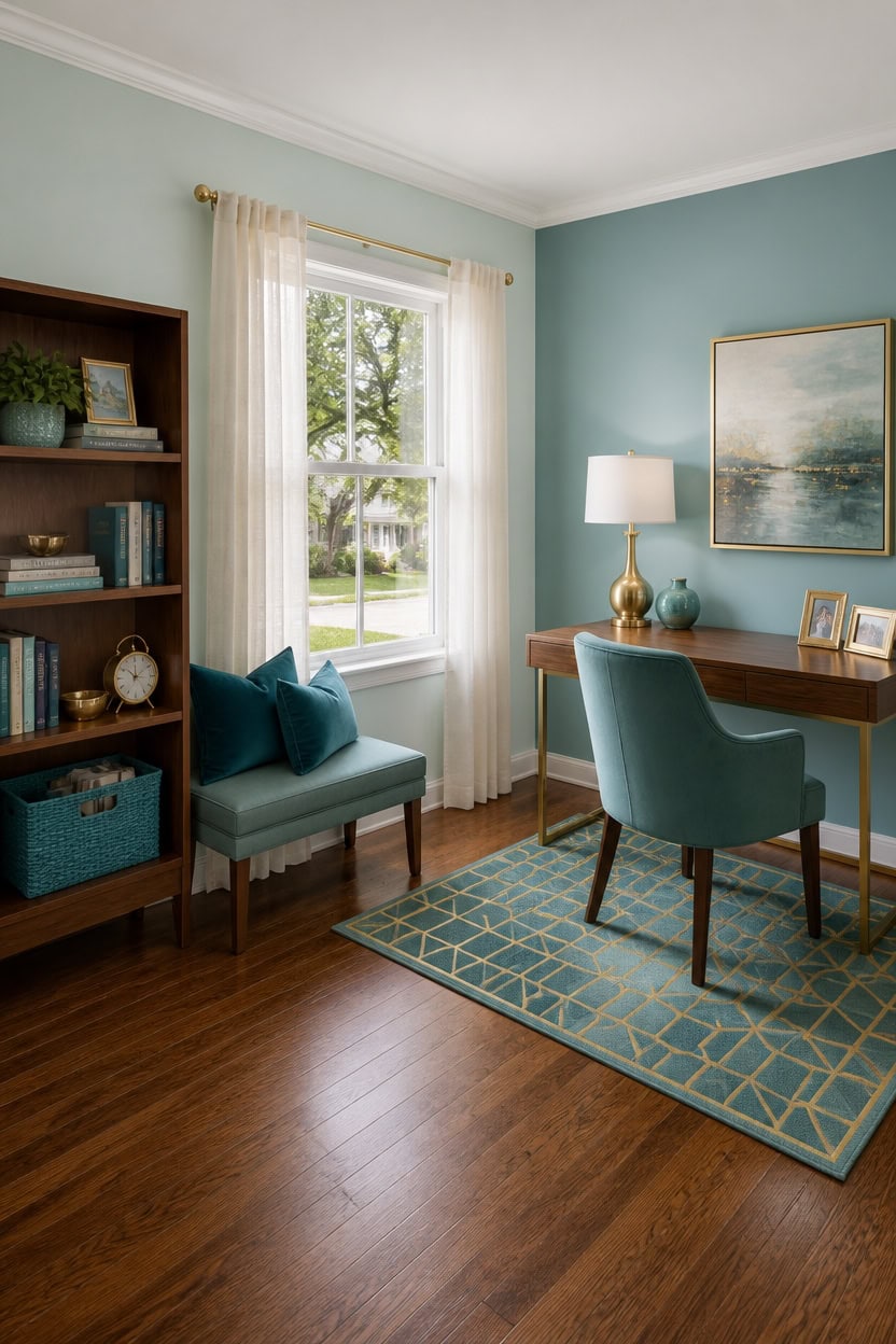 light turquoise office with clock