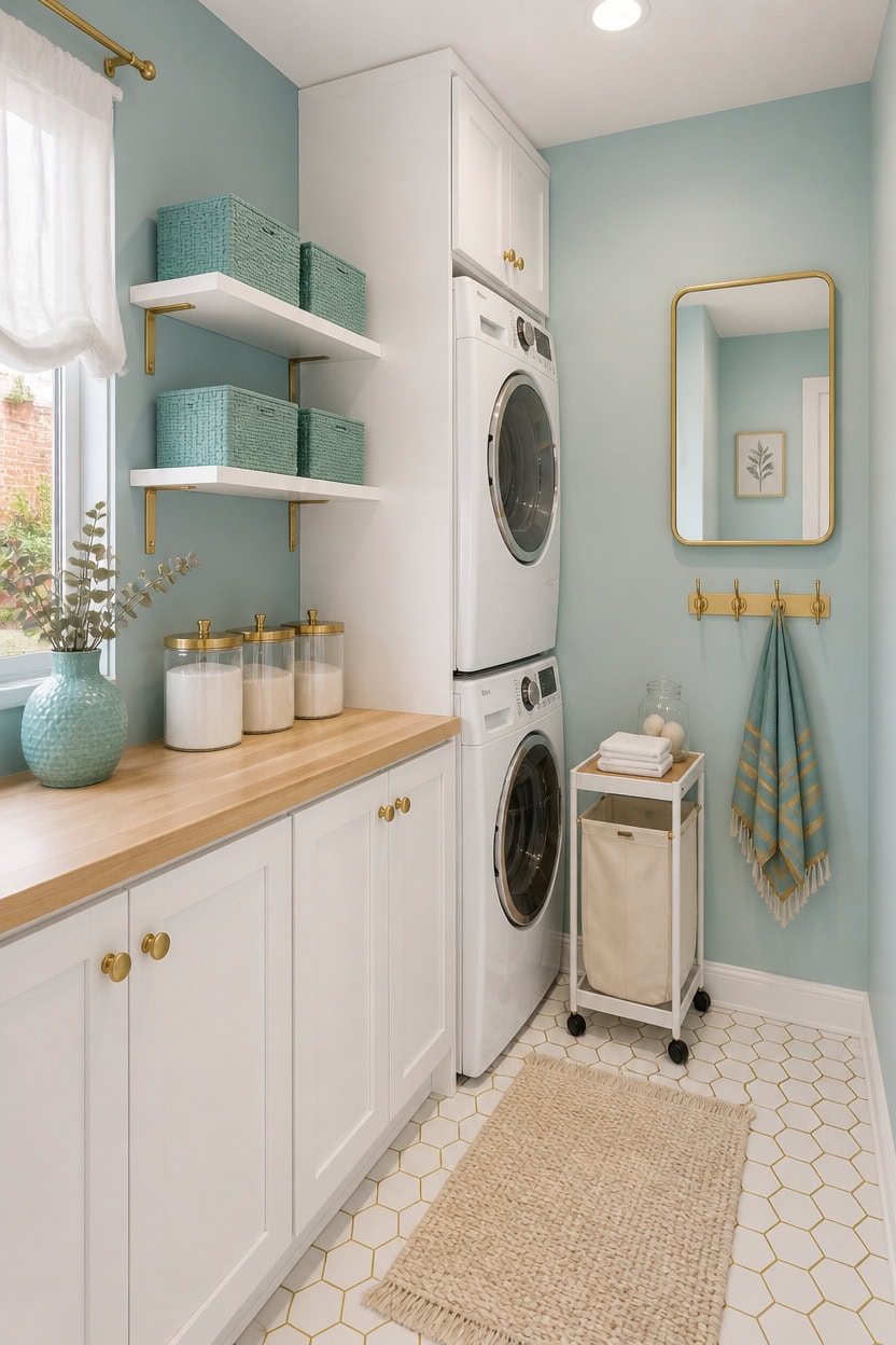 Bright laundry room with washer, dryer, and storage shelves in pastel decor.