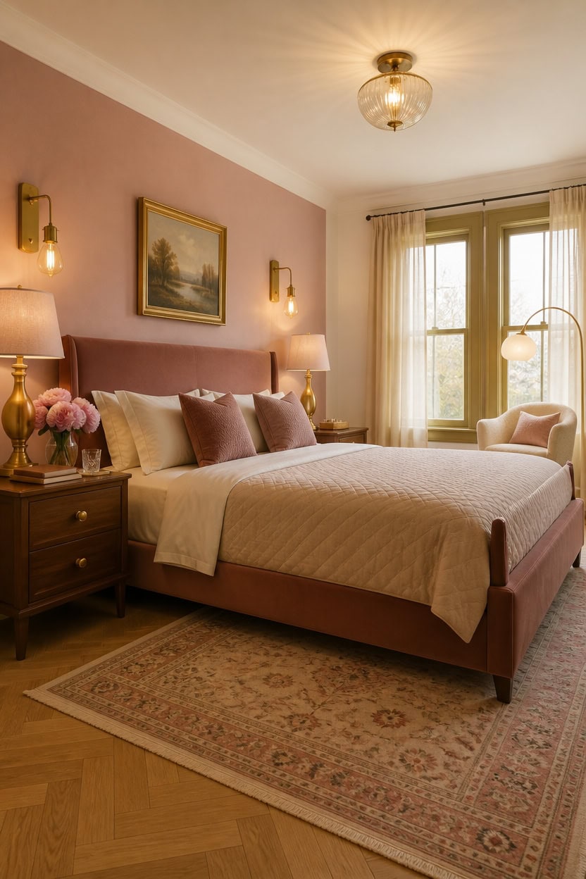 Cozy bedroom with pink accent wall, elegant furniture, and natural light from large windows.