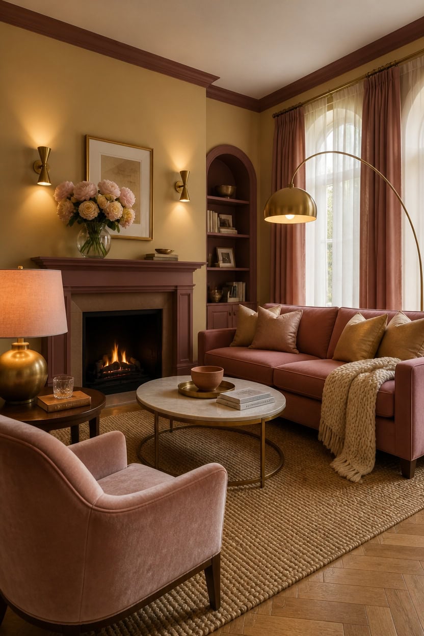 Stylish living room with pink sofa, fireplace, and large arched window.