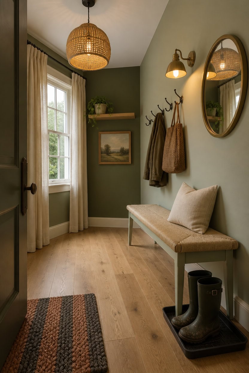 Inviting entryway with green walls, bench, coat hooks, and natural light.