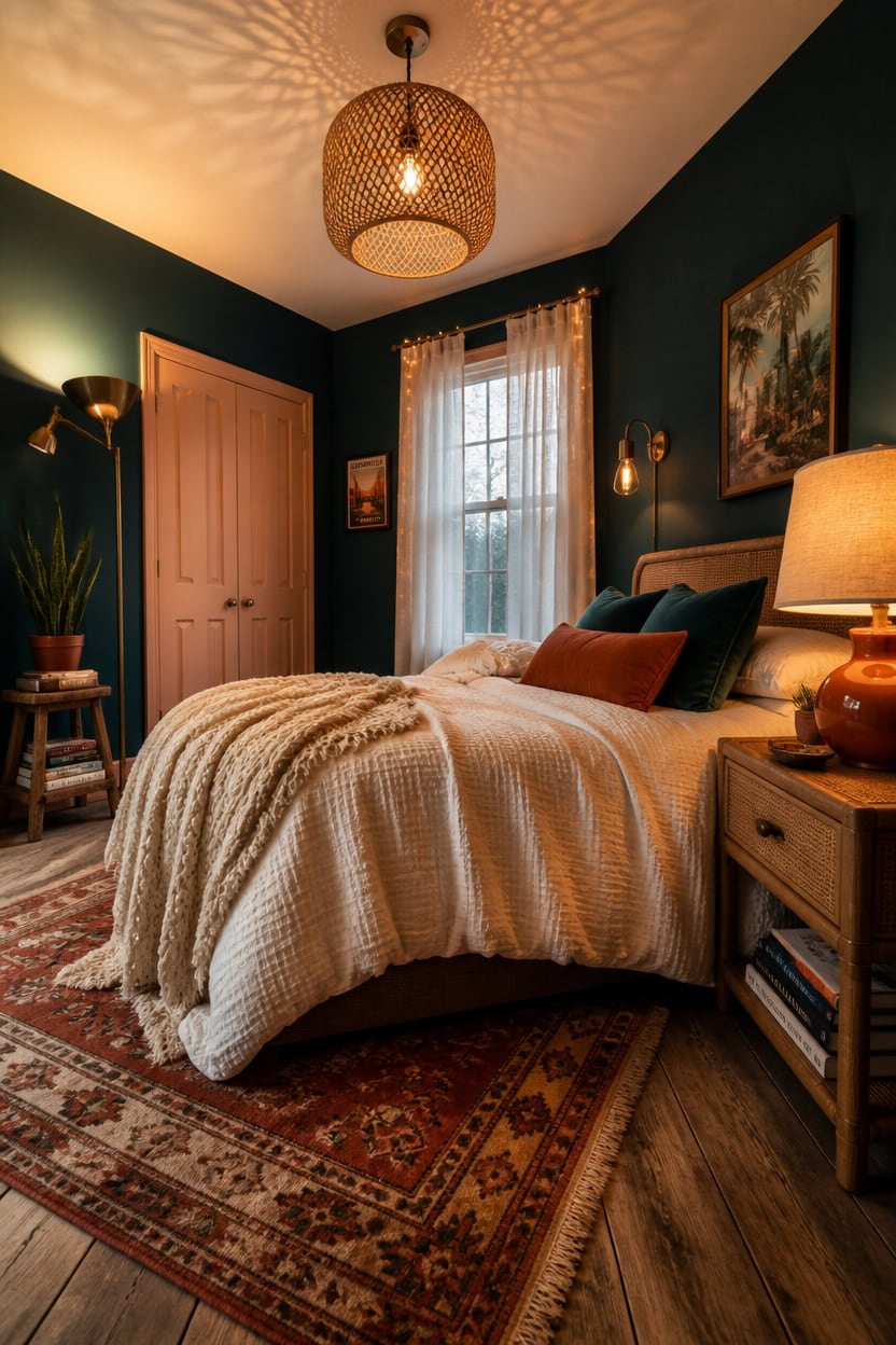 Comfortable bedroom with warm lighting, curtains, and stylish decor.