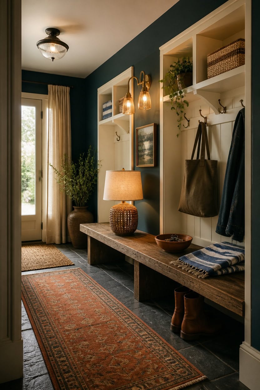Inviting apartment entryway with coat hooks, shelves, and decorative accents.