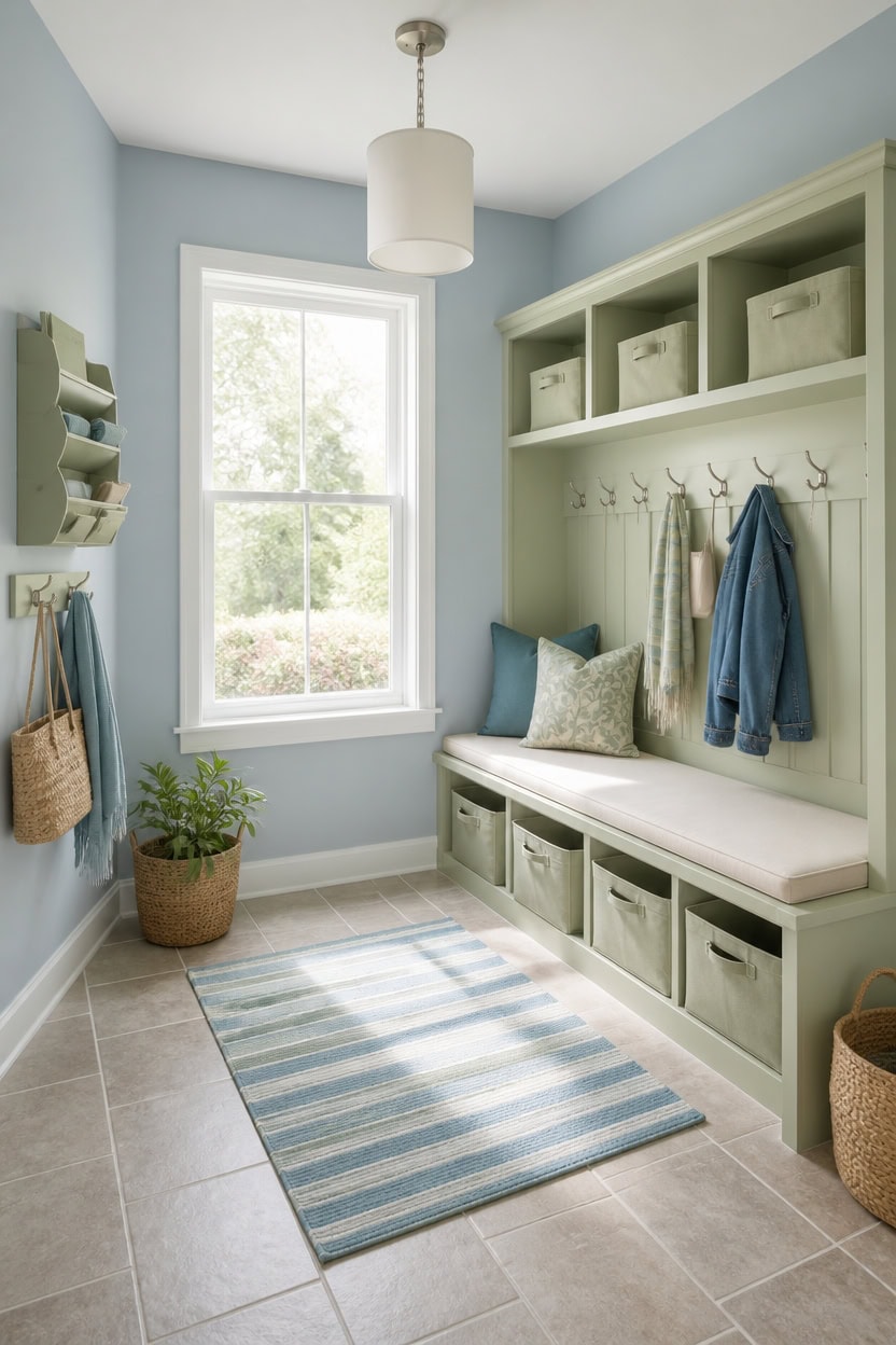 low maintenance blue green mudroom