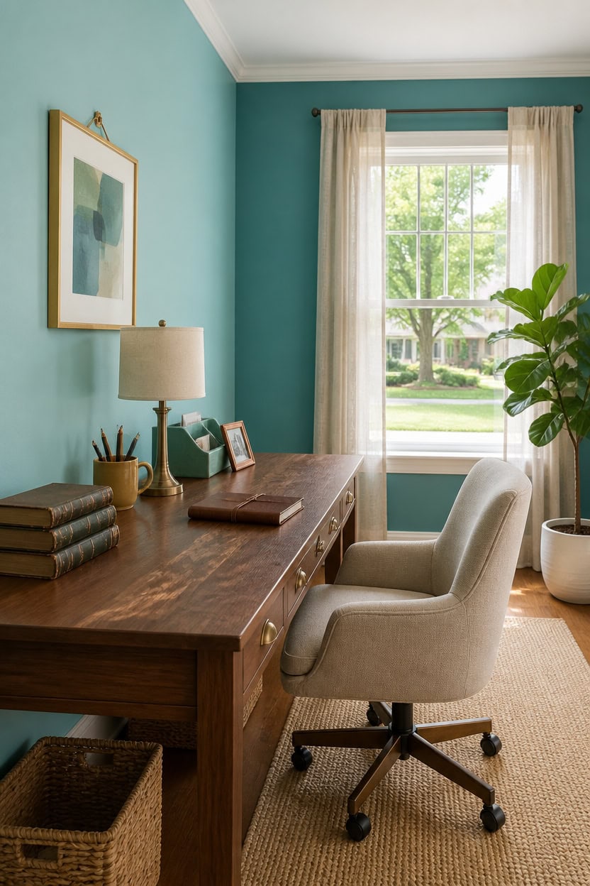 Bright home office with a wooden desk, beige chair, and large window with curtains.