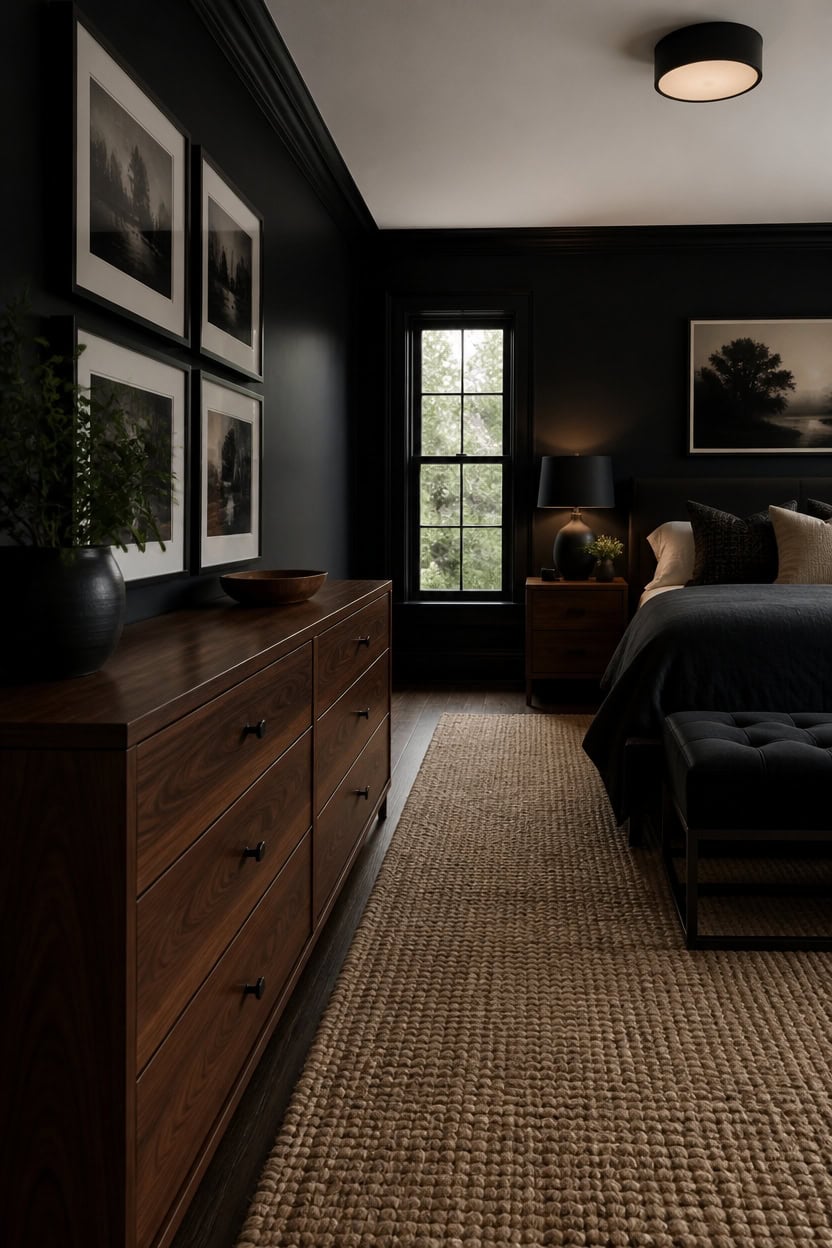 matte black accents spotlighted wood