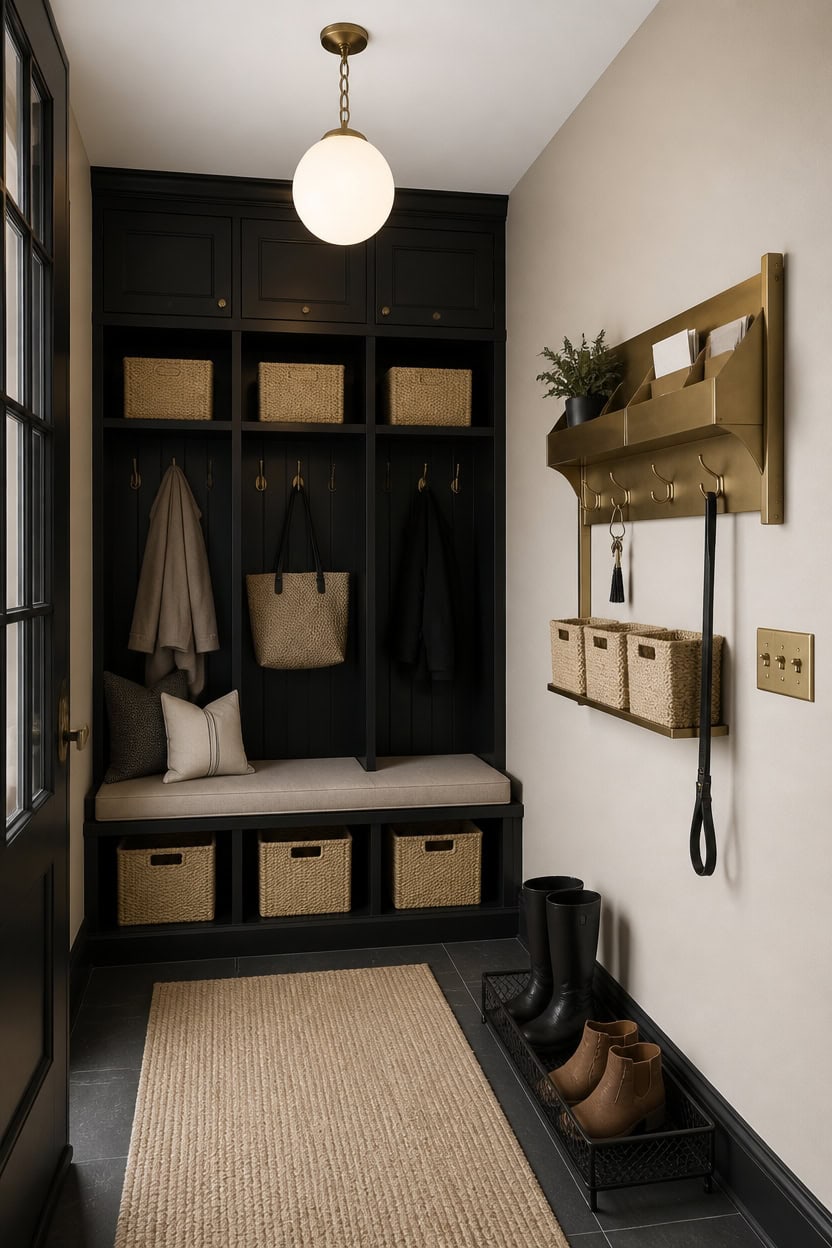 matte black and brass mudroom