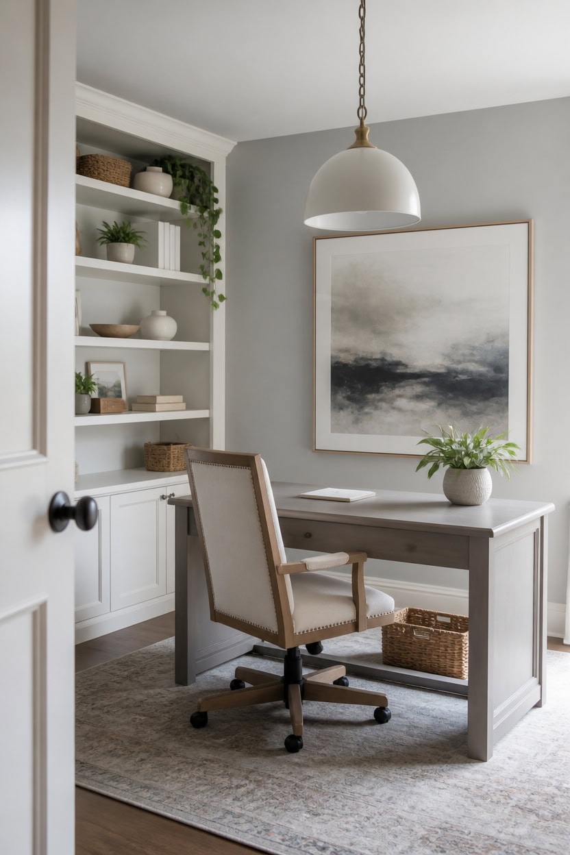 matte gray walls lighted shelves