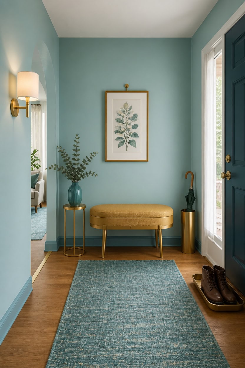 matte turquoise entryway with brass