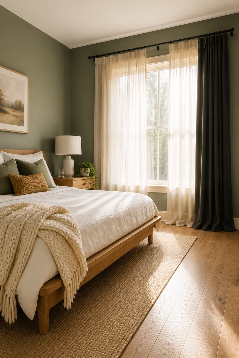 Bright bedroom with large window, beige curtains, and cozy decor at Apartment ABC.