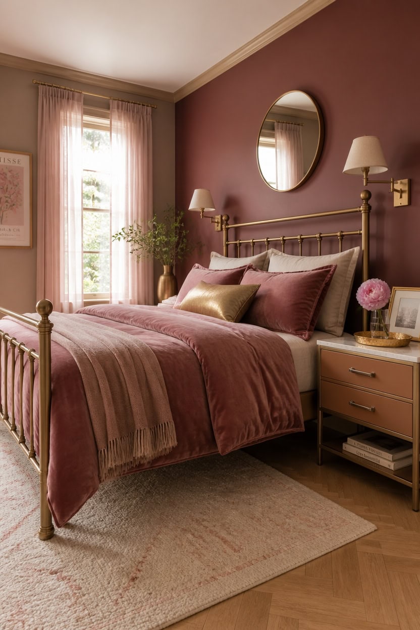 Cozy bedroom with pink and beige tones, gold accents, and natural light.
