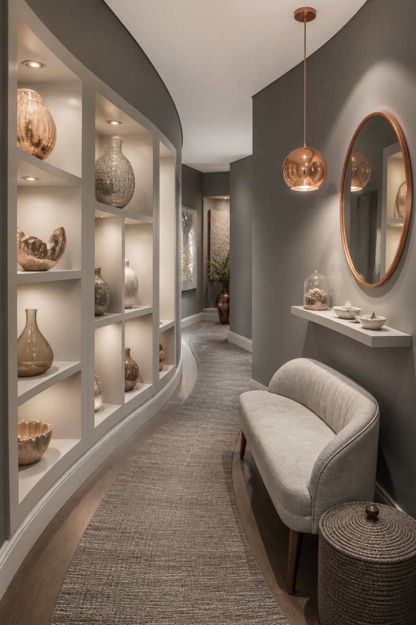 mid gray curated display hallway