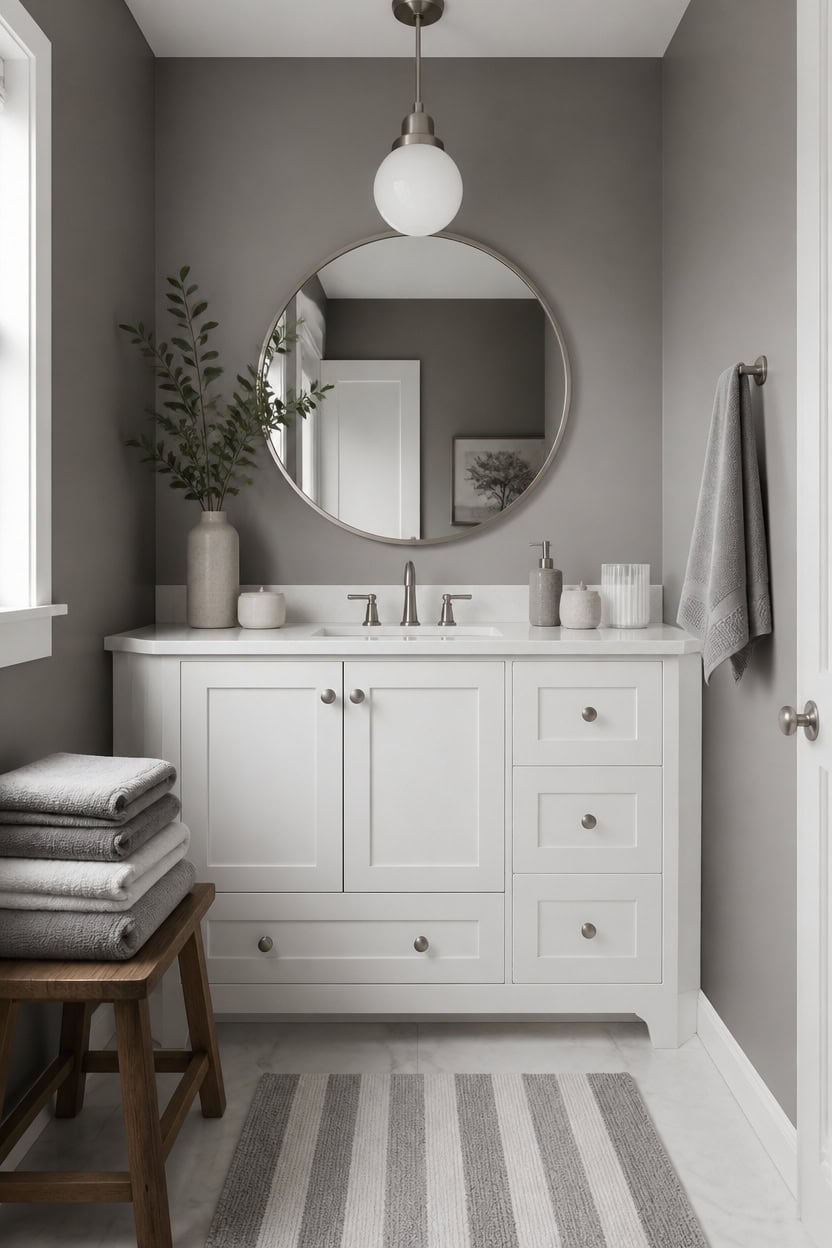 mid gray walls bright vanity