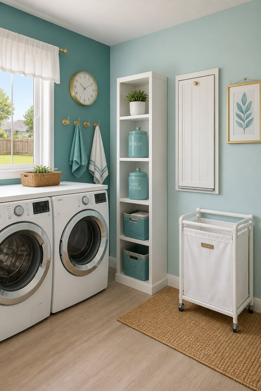 Laundry room with washer, shelves, and decor in a sunny space.