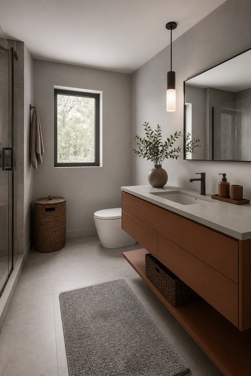 minimalist gray and brown bathroom centerpiece