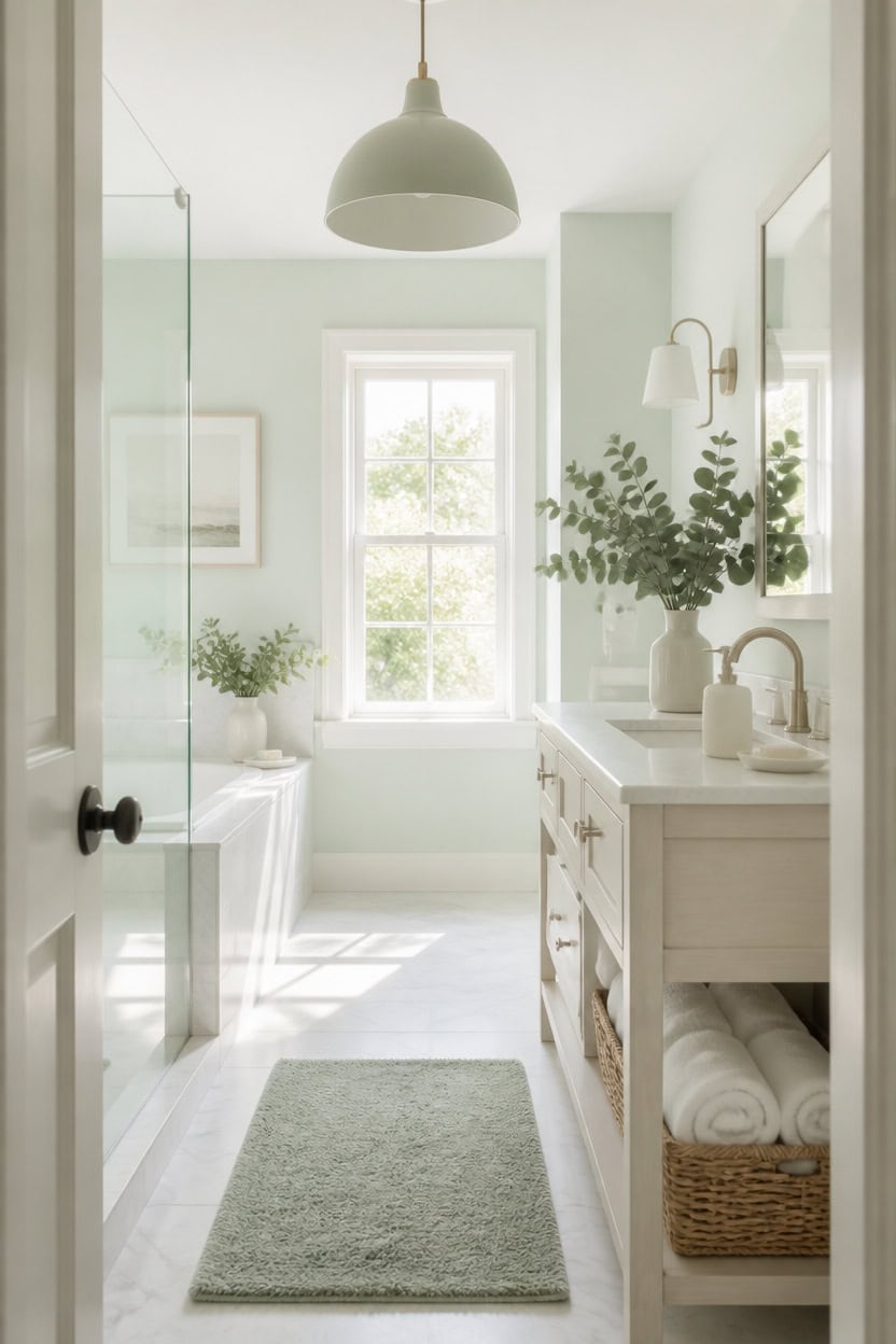 mint and white airy bathroom