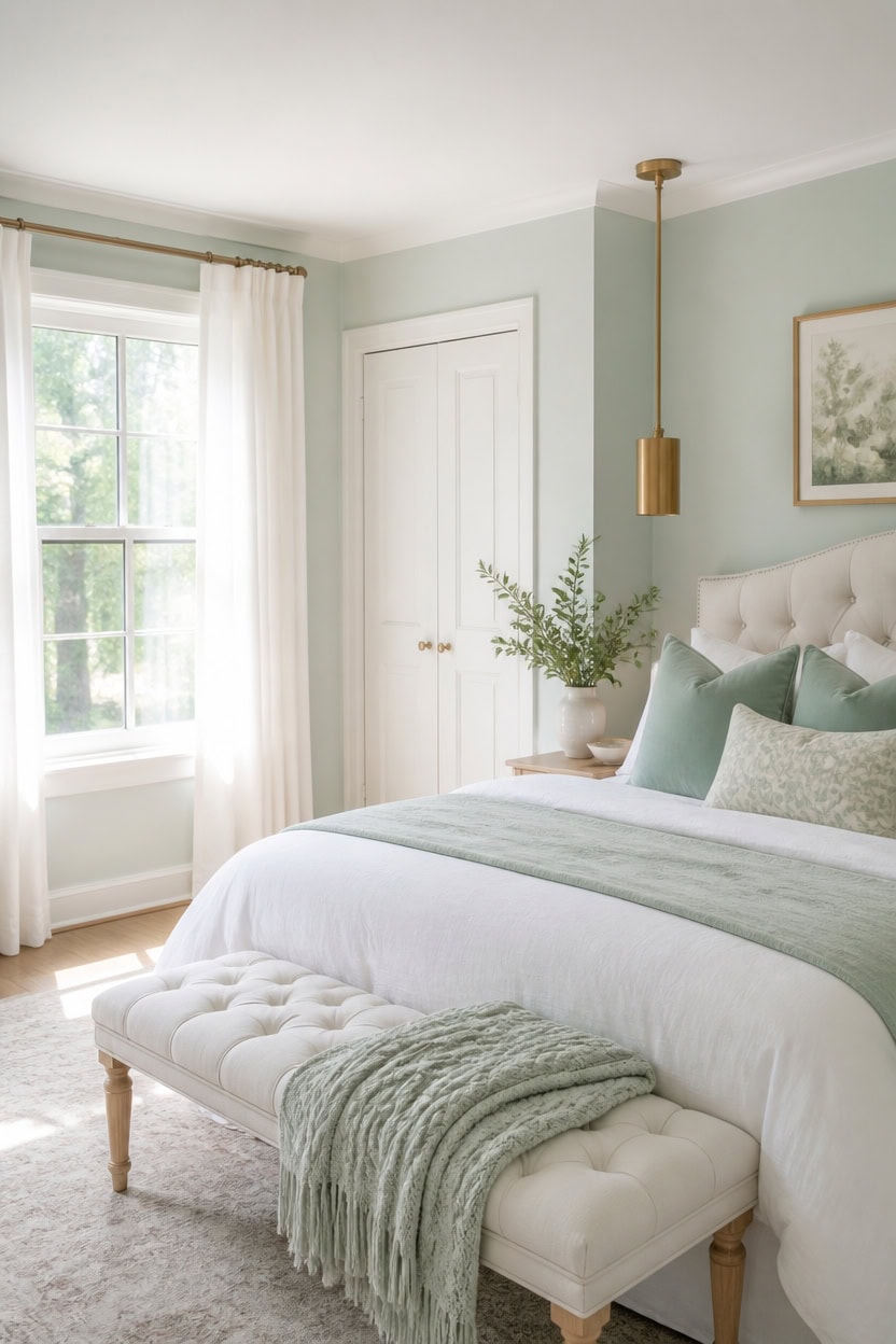 mint and white cozy bedroom ambiance