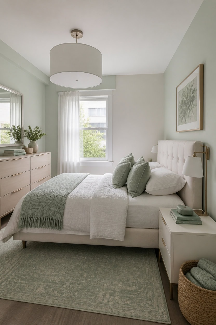 mint and white cozy bedroom vignette
