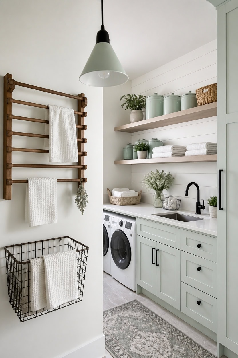 mint and white farmhouse laundry