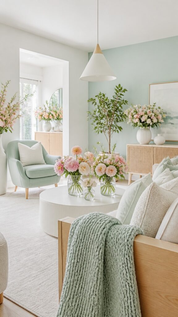 Mint Green and White Living Rooms for Women Who Keep Fresh Flowers on the Table