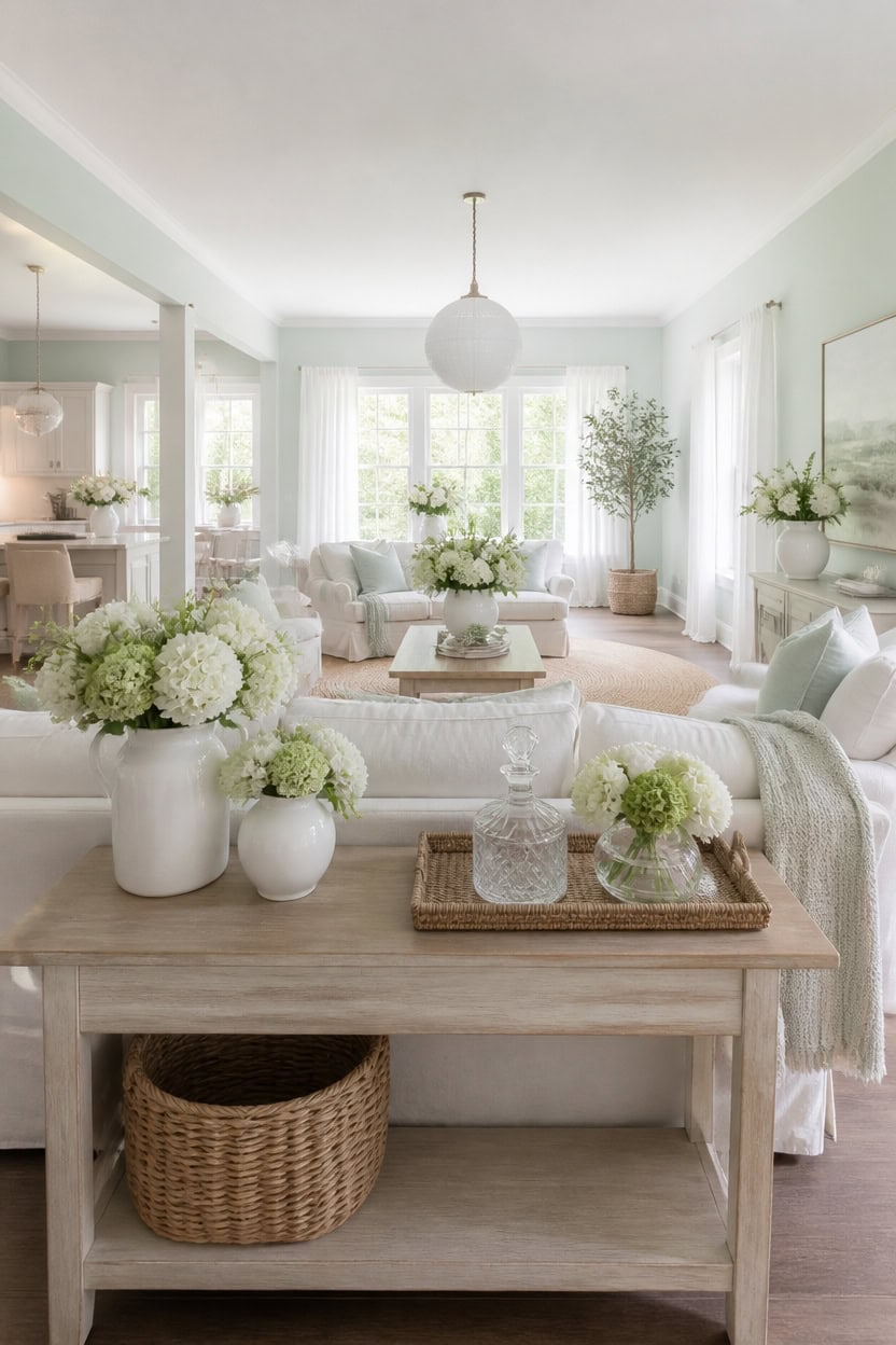mint and white open concept serenity