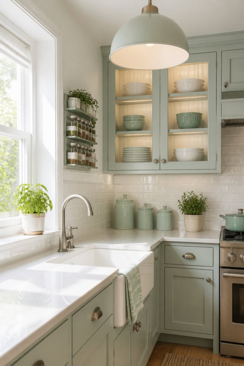 mint and white petite kitchen