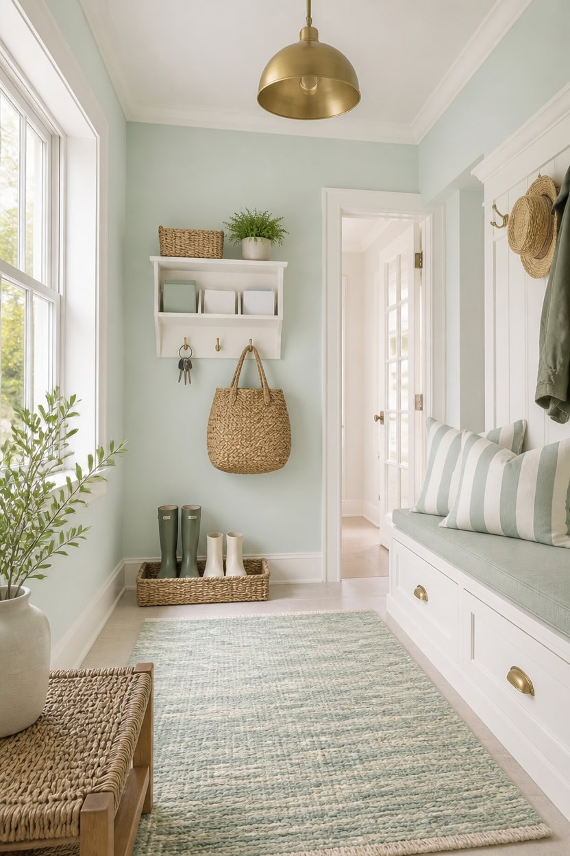 mint and white serene entryway
