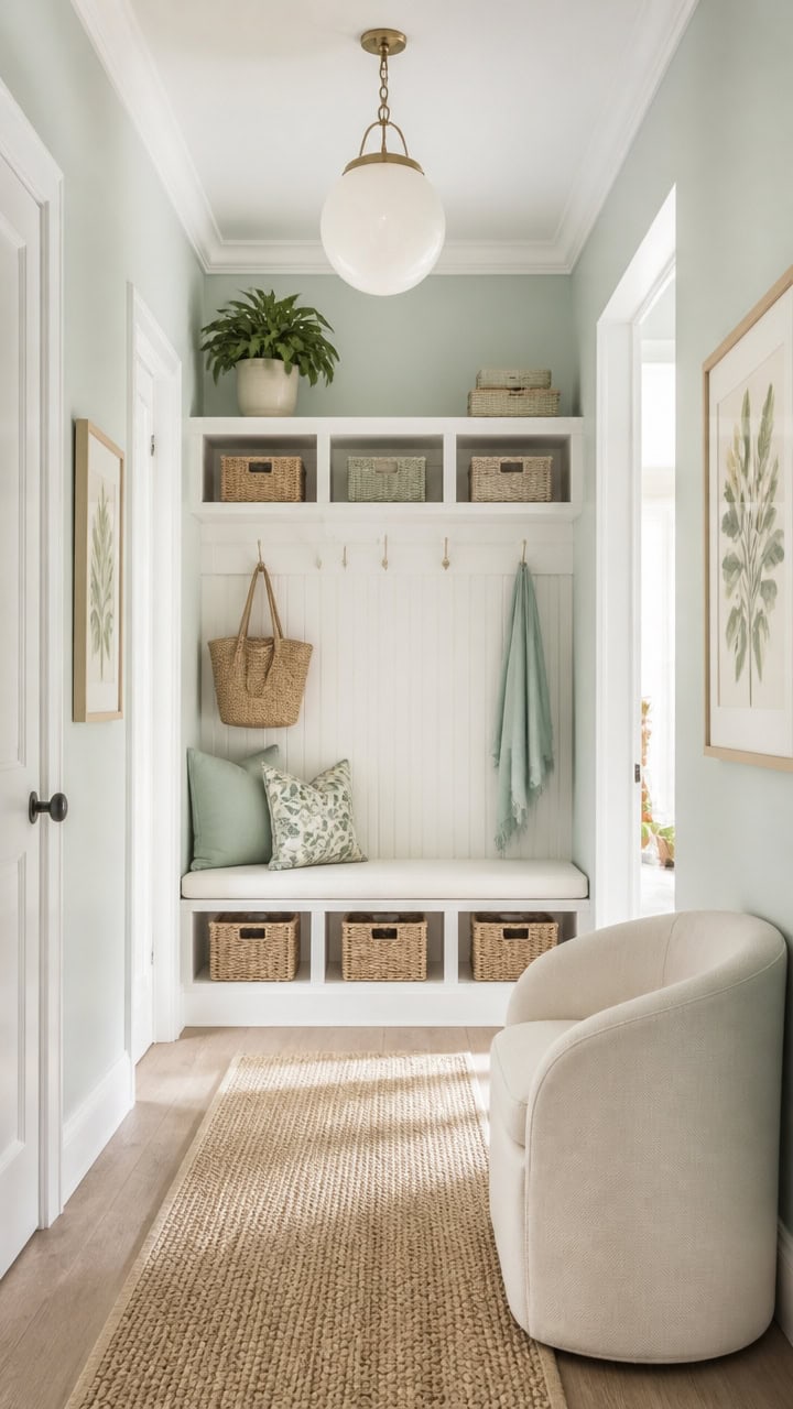mint and white statement hallway