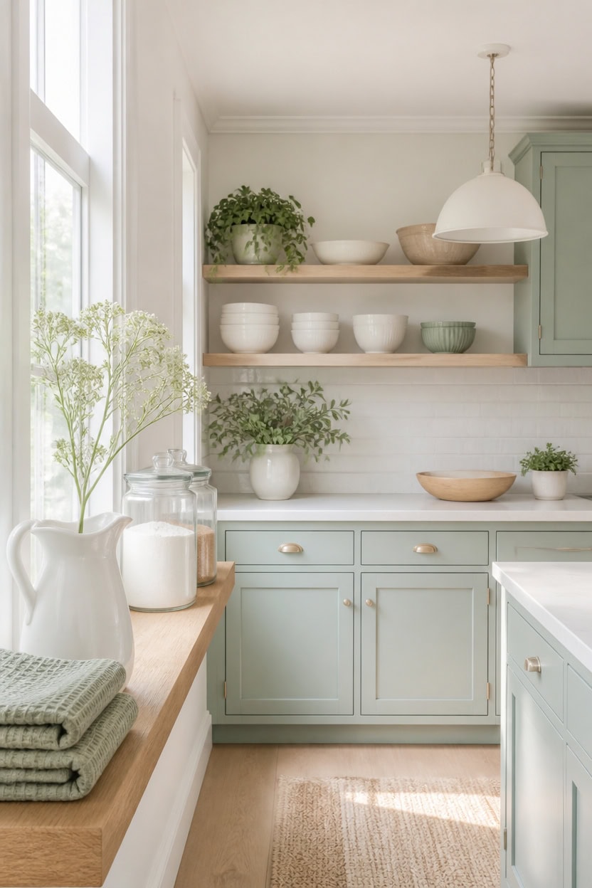 mint cabinets bright open shelves