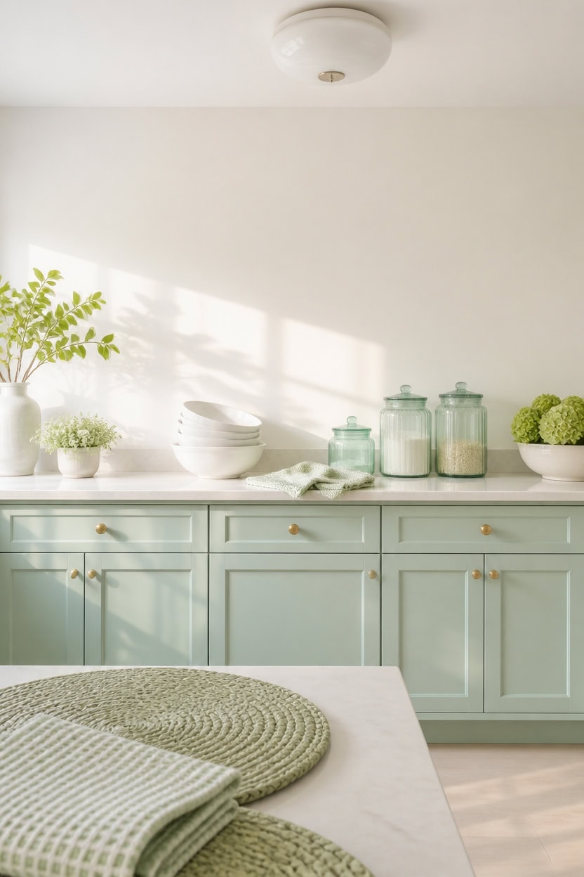 mint cabinets mascarpone walls