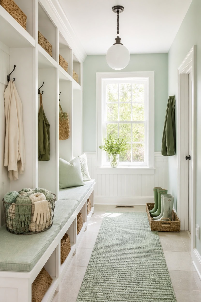 mint green airy mudroom styling
