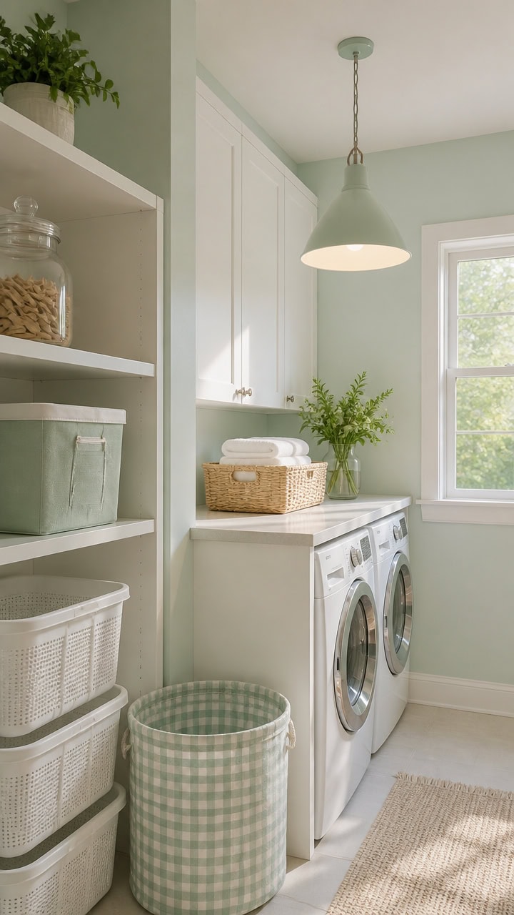 mint green cozy laundry nook