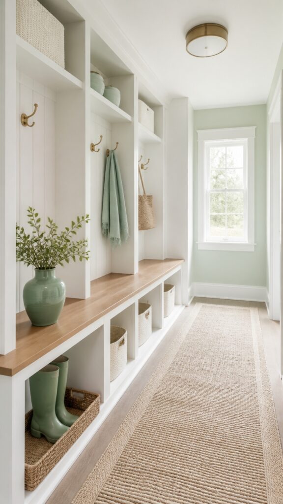 The Mint Green and White Mudroom That Makes Dropping Everything Feel Effortless