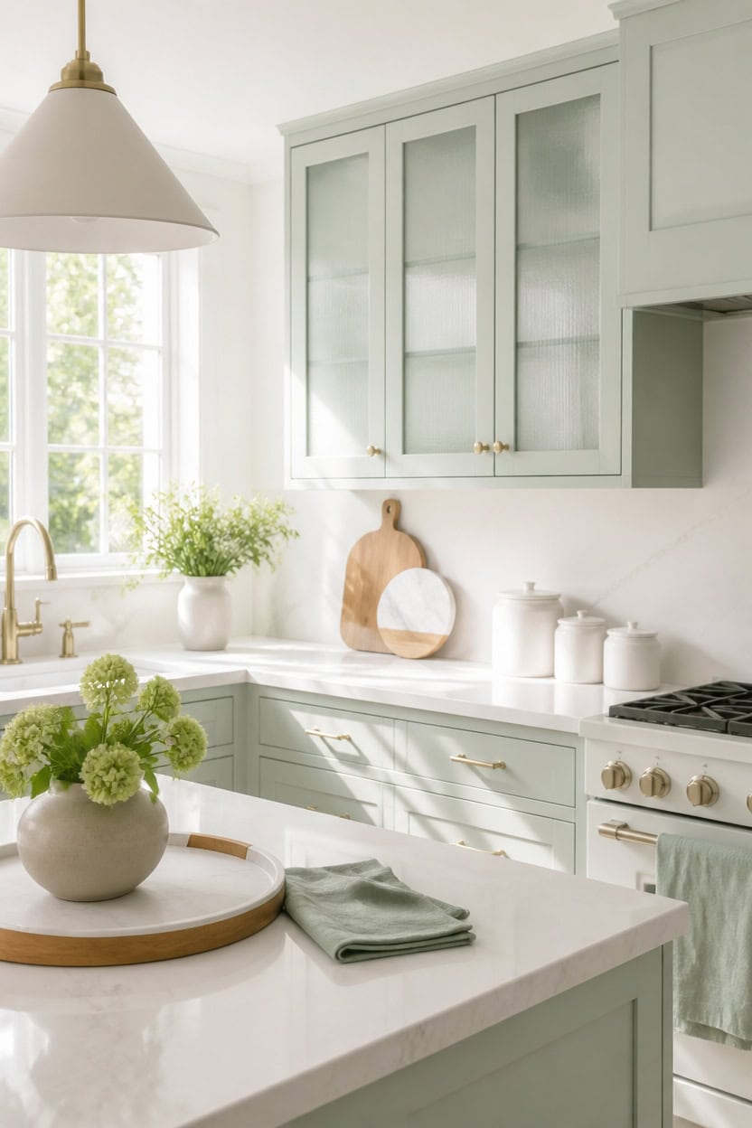 mint green kitchen with warmth