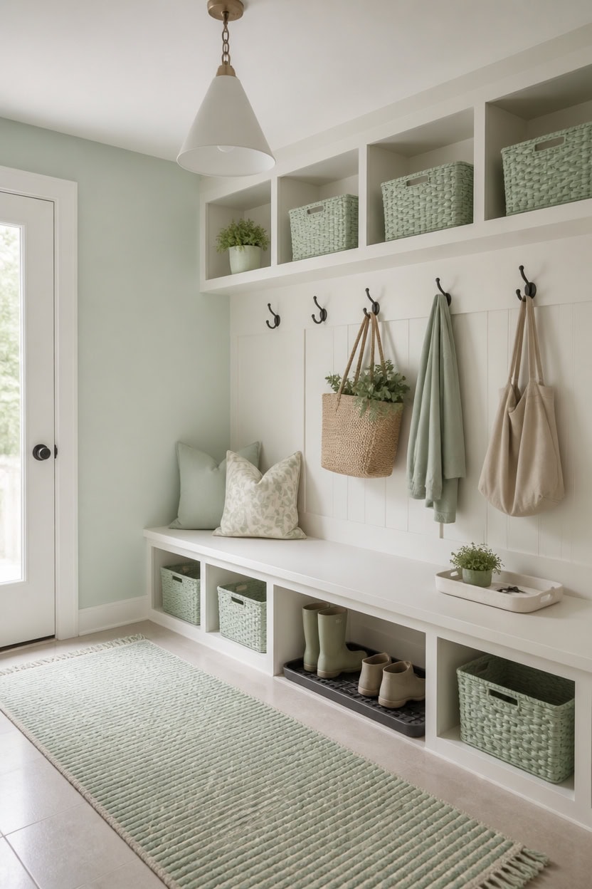 mint green mudroom crisp white