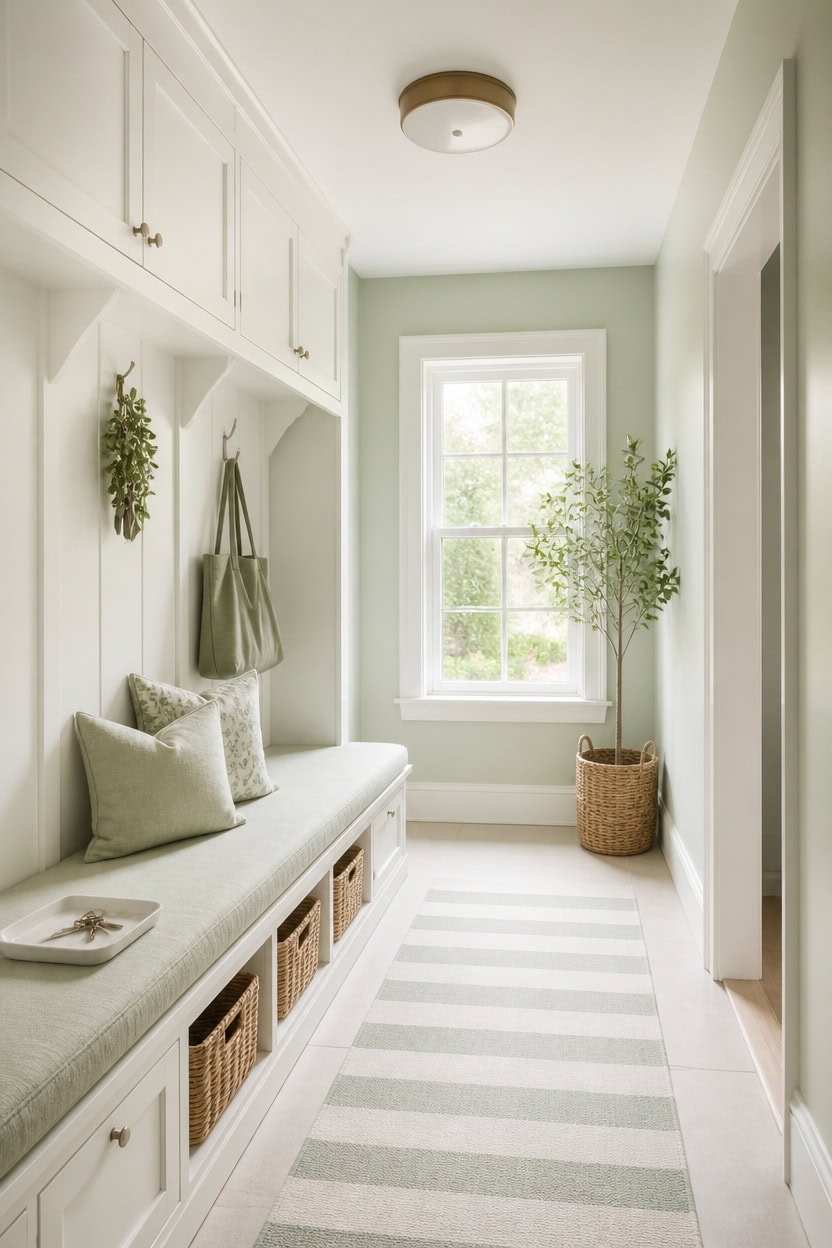 mint green mudroom with bench