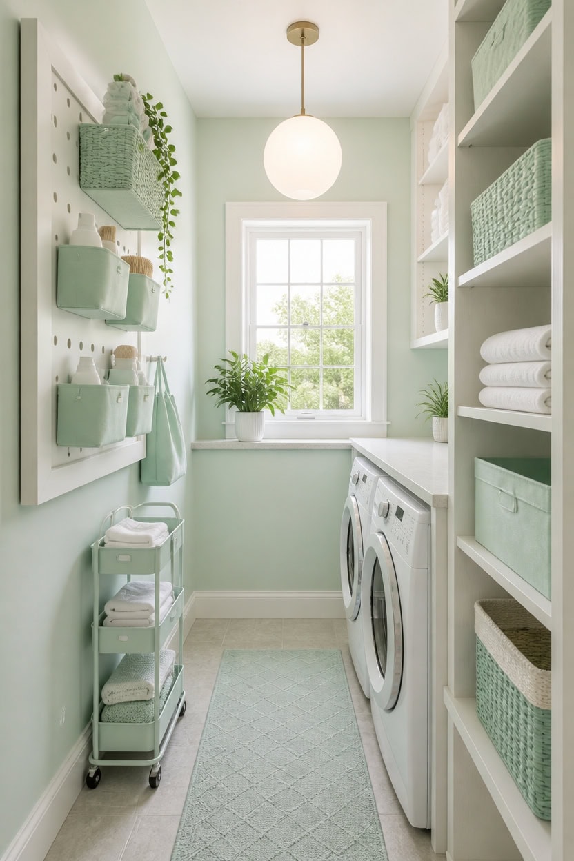 mint green narrow laundry nook