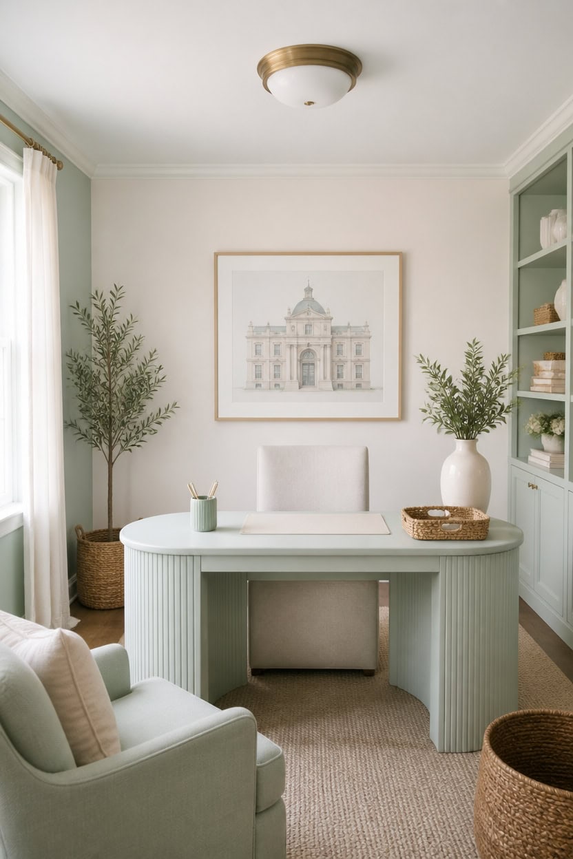 mint green office with warmth