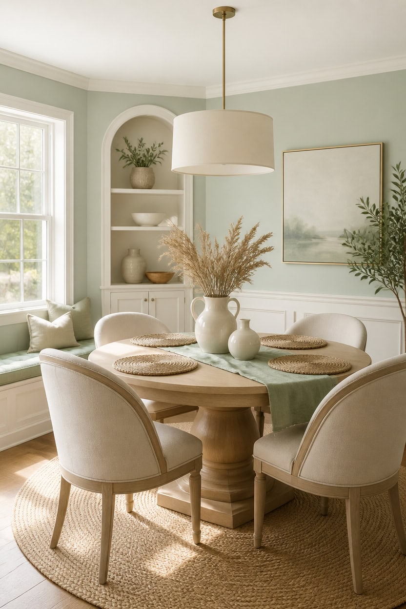 mint green rounded dining vignette