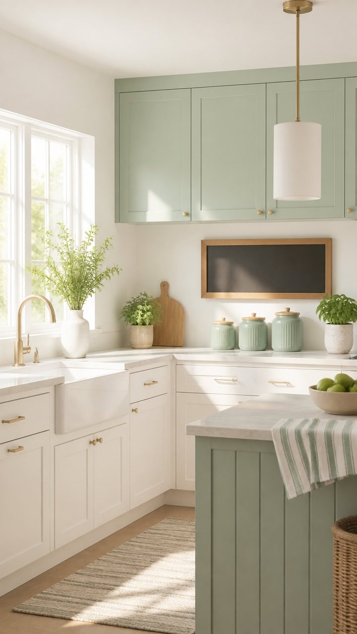 mint green sunlit kitchen