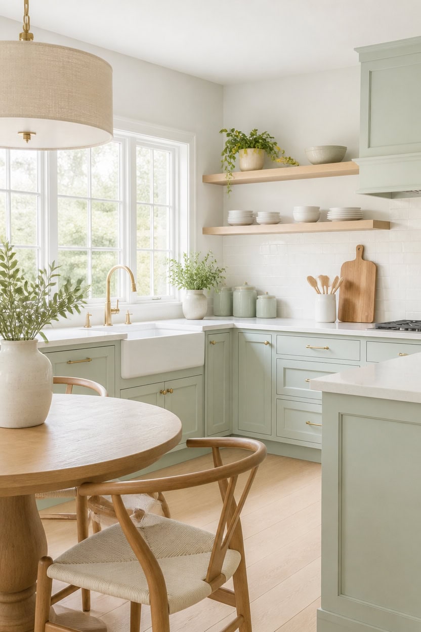 mint kitchen with wood