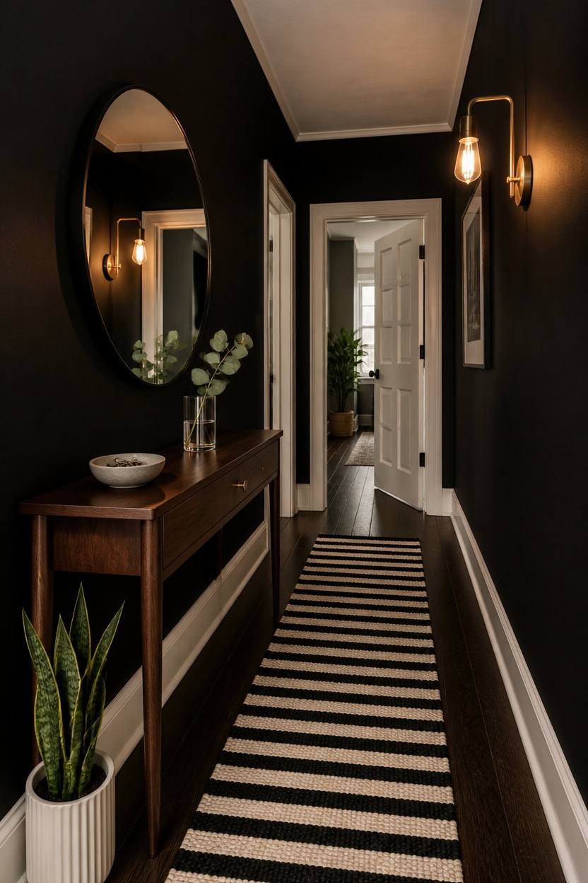 Stylish entryway with black walls, mirror, and striped rug at Apartment ABC.