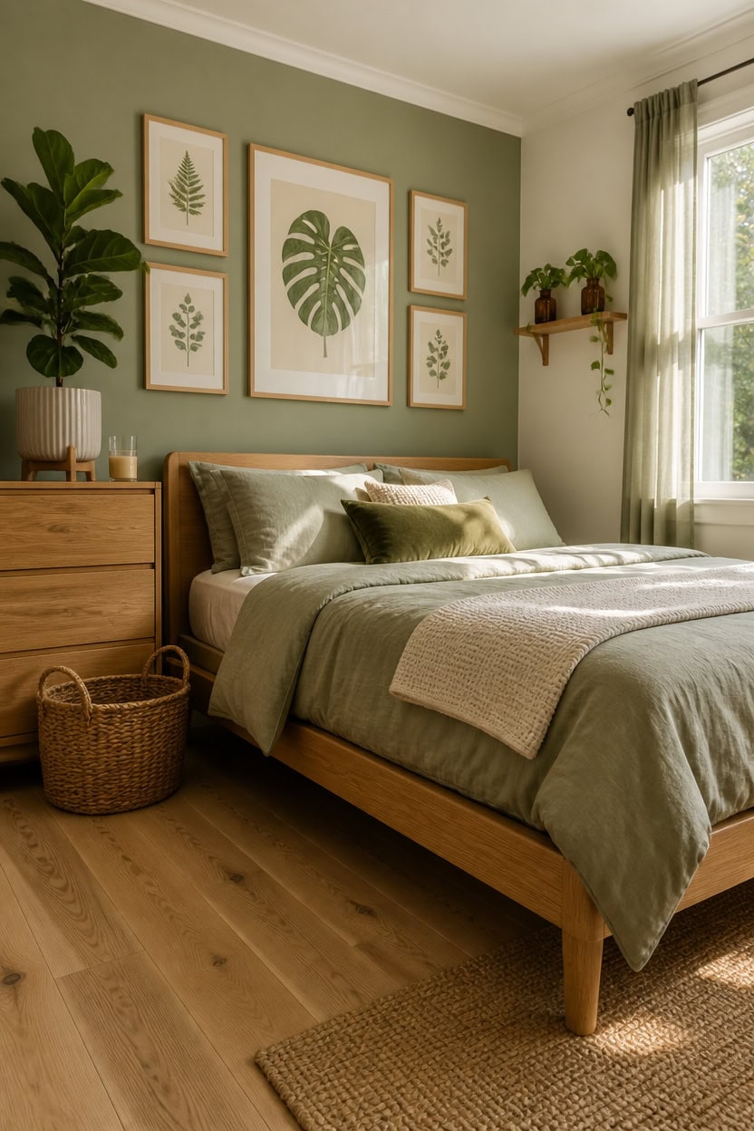 Comfortable bedroom with green walls, framed botanical art, and natural light.