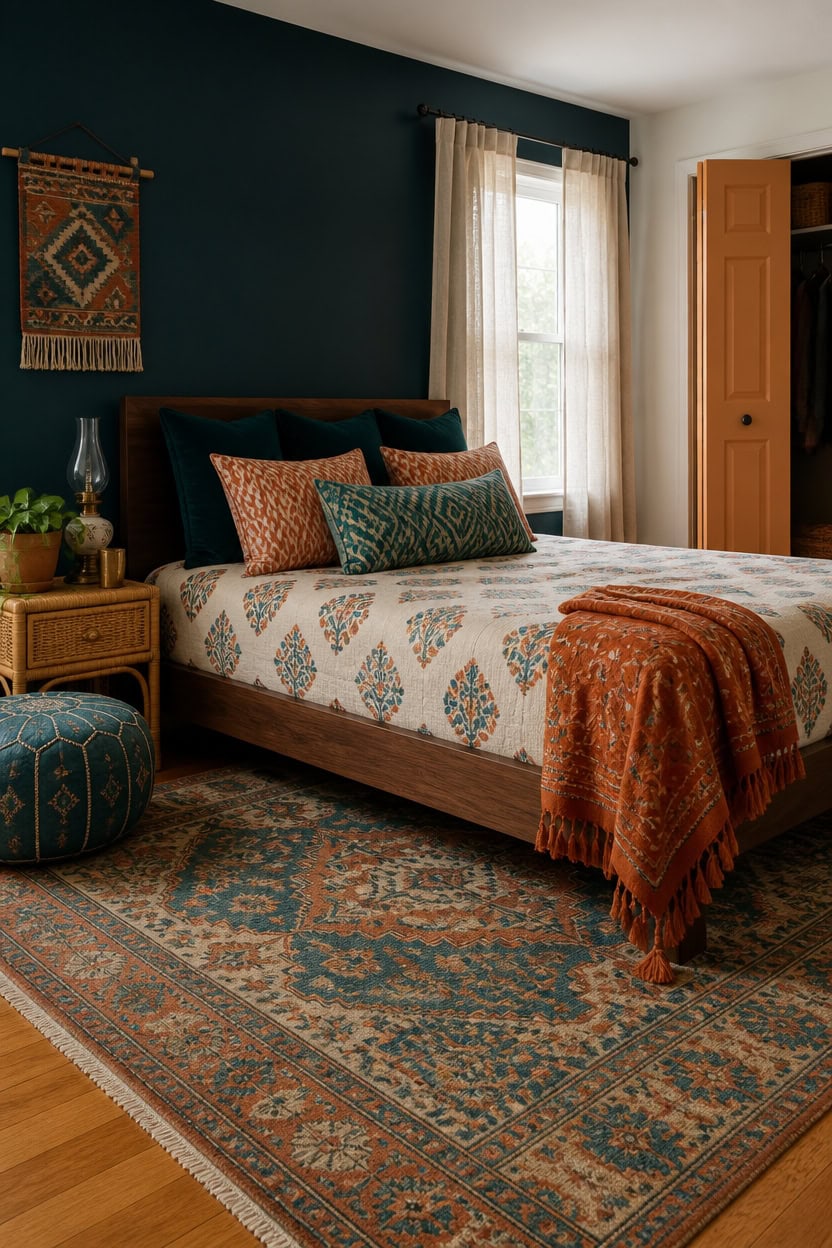 Comfortable bedroom with patterned bedding, decorative pillows, and warm lighting.