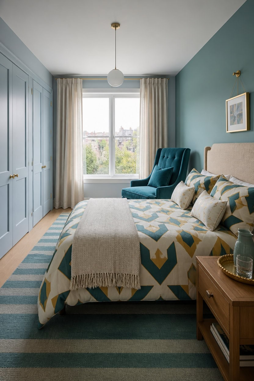 Bright bedroom with blue walls, large window, and stylish decor at Apartment ABC.